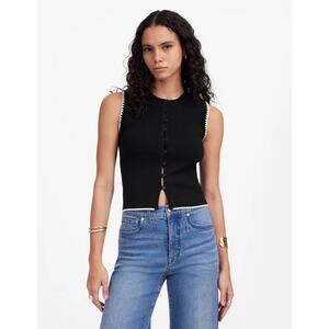 Madewell Blanket-Stitch Crewneck Sweater Tank WMNS S Black White Trim Button Up
